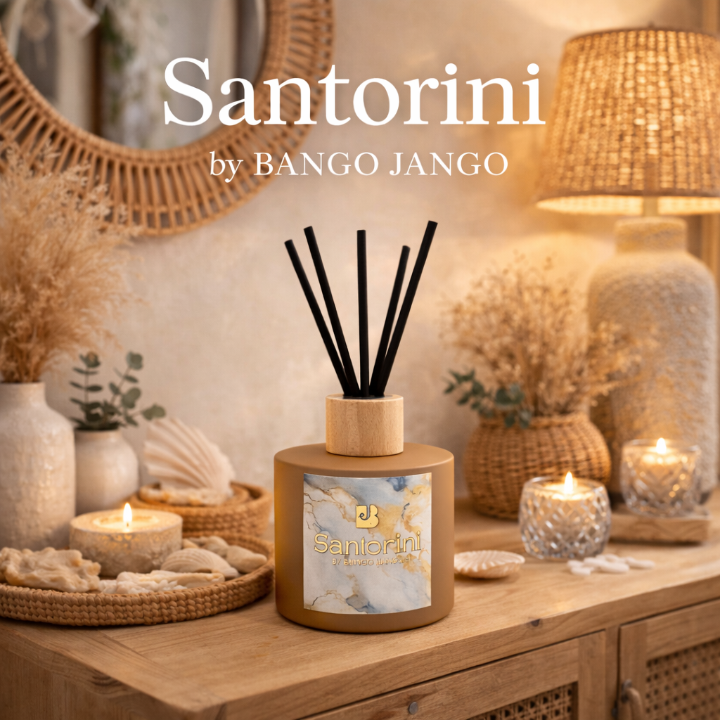 Santorini diffuser by Bango Jango on a wooden table with decorative items.
