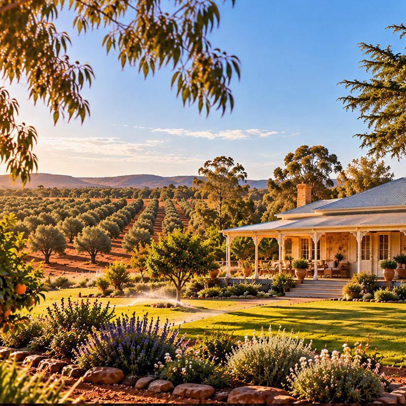 A scenic view of a large white farmhouse with a wraparound porch set in a lush landscaped garden, with rows of olive trees and distant hills under a clear blue sky.
