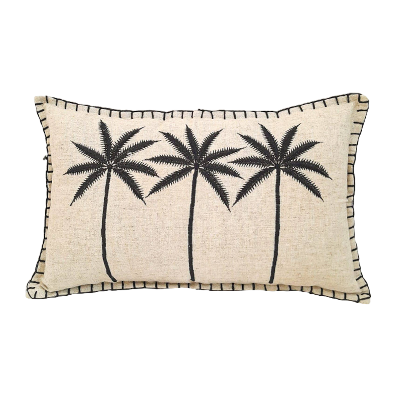 Three Palms cotton cushion cover with embroidered three palm design and stitched edge detail