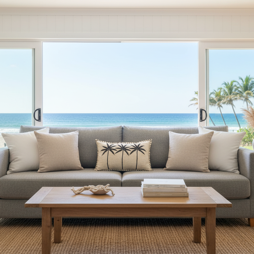 Living room with a gray sofa, coffee table, and large windows overlooking a beach.