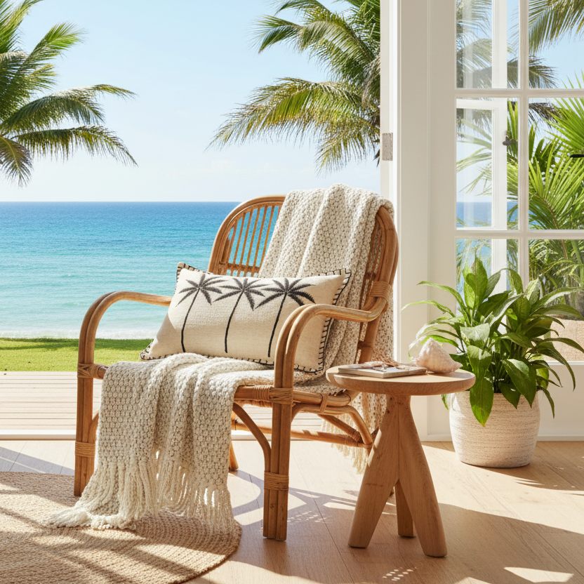 Rattan chair with a blanket and pillow in a room with large windows overlooking a tropical beach.