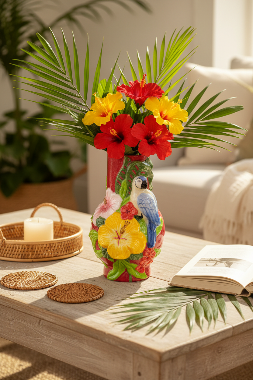 Tall Tropical Parrot Ceramic Vase