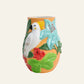 1. Hand-painted orange ceramic vase with a raised white cockatoo, green tropical leaves and red hibiscus flowers.
