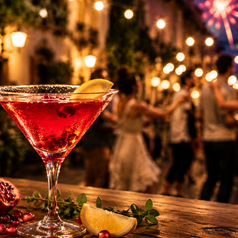 Cocktail with garnishes on a wooden table with people and fireworks in the background