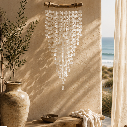 Decorative white sea glass wall art on a wall with a scenic beach view in the background