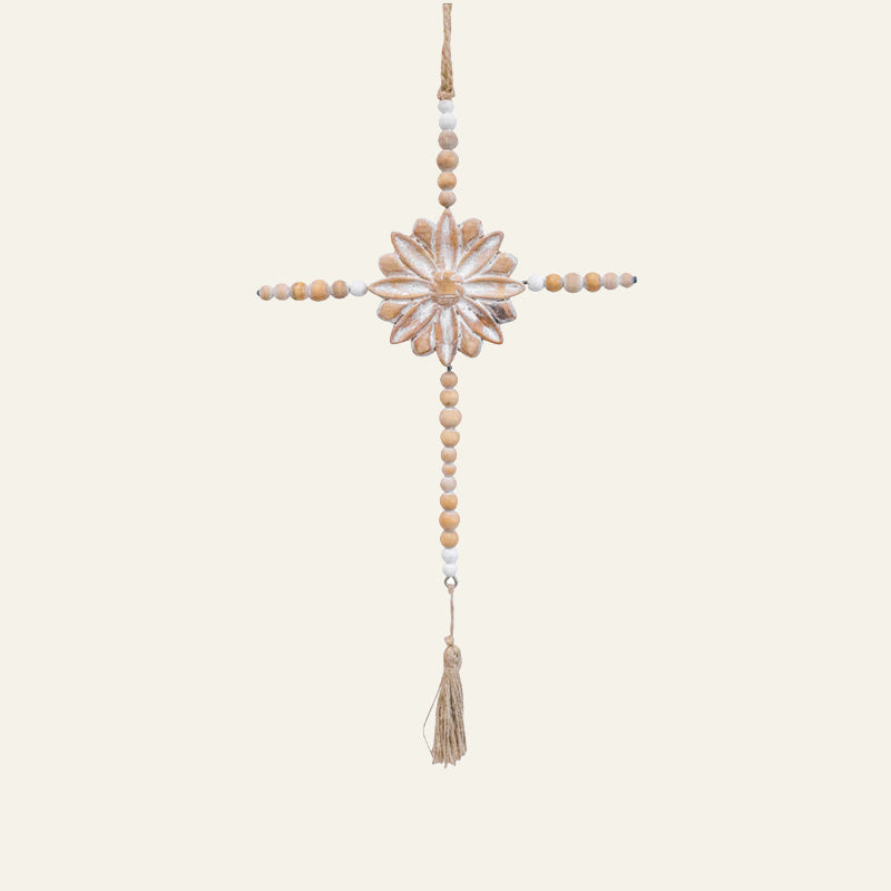 Whitewash beaded flower wall hanging with wooden beads, floral centre and tassel detail.
