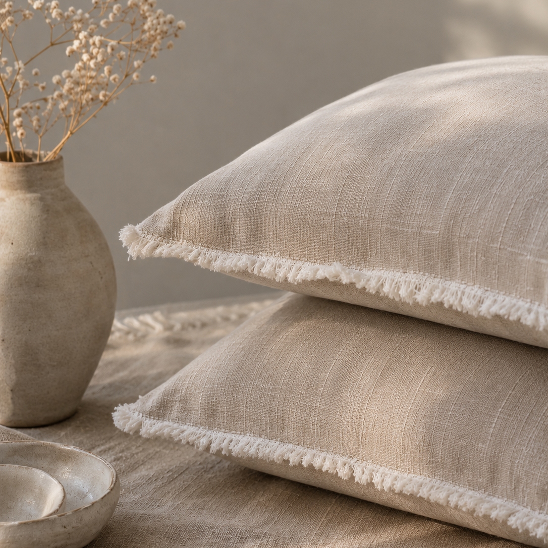 Stack of beige pillows with fringe on a textured surface with a vase of dried flowers.
