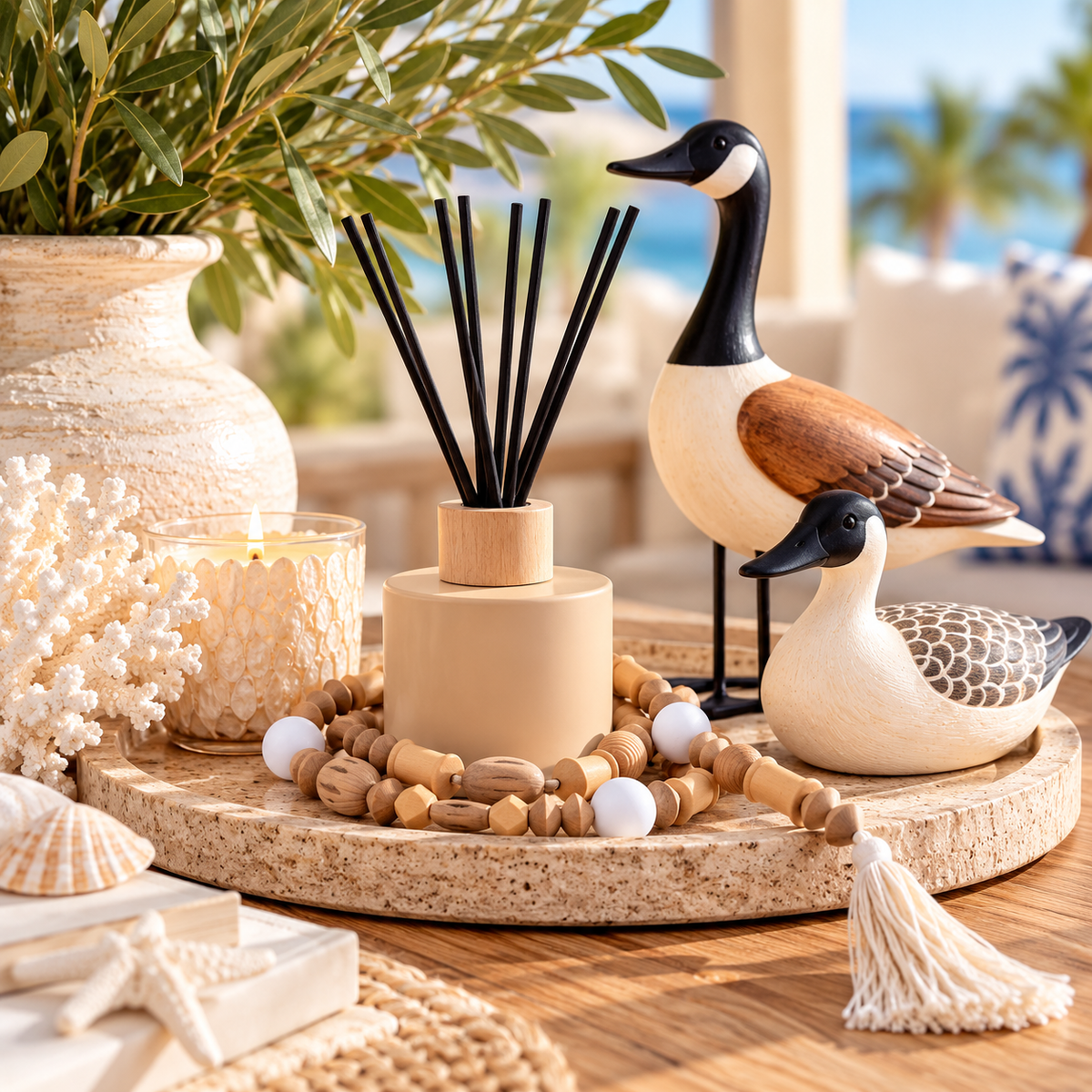 TAN 200 AYRA BANGO JANGO DIFFUSER WITH NATURAL BEADS GARLAND WITH TASSELL AND STANDING AND SITTING DUCKS BY LAVIDA AND BANGO JANGO BROWN AND BLACK AND WHITE DUCKS FOR HOME DECOR