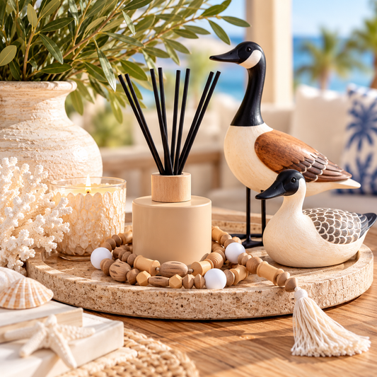 TAN 200 AYRA BANGO JANGO DIFFUSER WITH NATURAL BEADS GARLAND WITH TASSELL AND STANDING AND SITTING DUCKS BY LAVIDA AND BANGO JANGO BROWN AND BLACK AND WHITE DUCKS FOR HOME DECOR