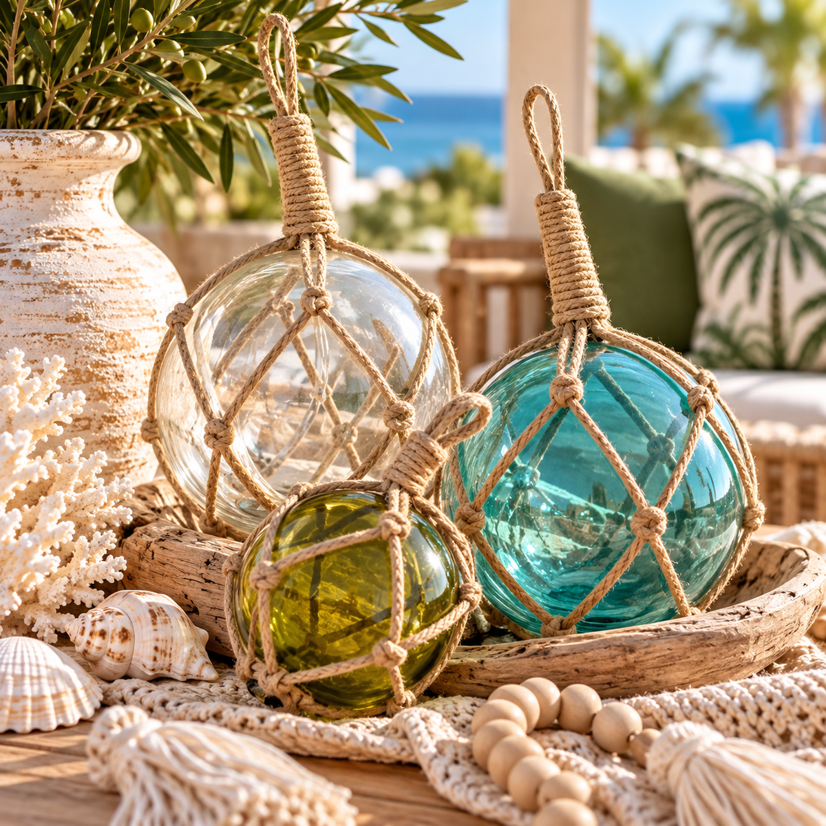 Large and medium decorative glass rope balls in Clear, Azure Aqua and Olive, wrapped in natural jute rope and styled in a rustic wooden bowl with seashells. Nautical coastal home décor from Bango Jango Australia.