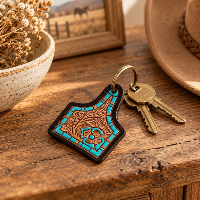 Hand Painted Tooled Leather Cattle Tag Keyring