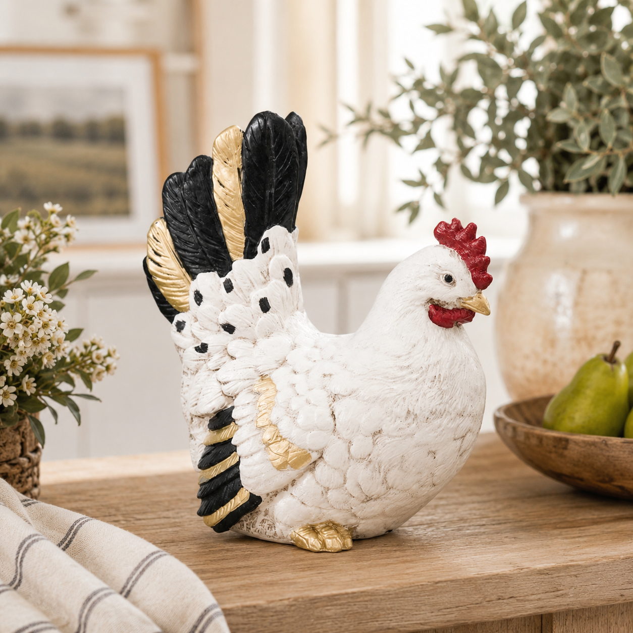 Decorative chicken figurine on a wooden surface with a blurred indoor background