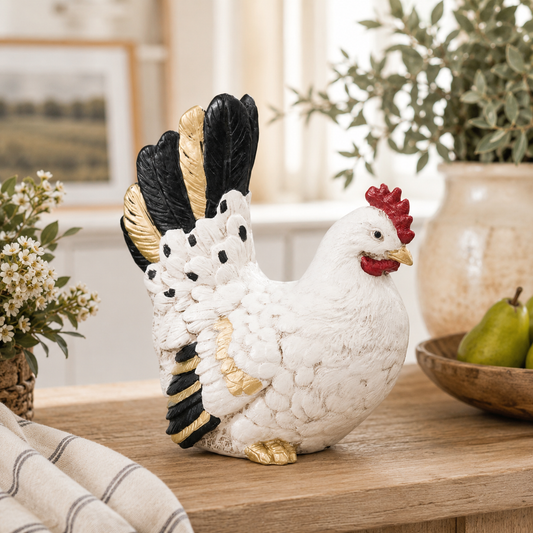 Decorative chicken figurine on a wooden surface with a blurred indoor background