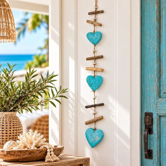 Blue Heart Driftwood & Stone Coastal Garland featuring three turquoise wooden hearts, natural driftwood and stone beads, hanging beside a rustic blue door in a coastal-style home.