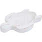 White turtle-shaped wooden decorative bowl with a distressed finish and carved detailing, shown at an angle.