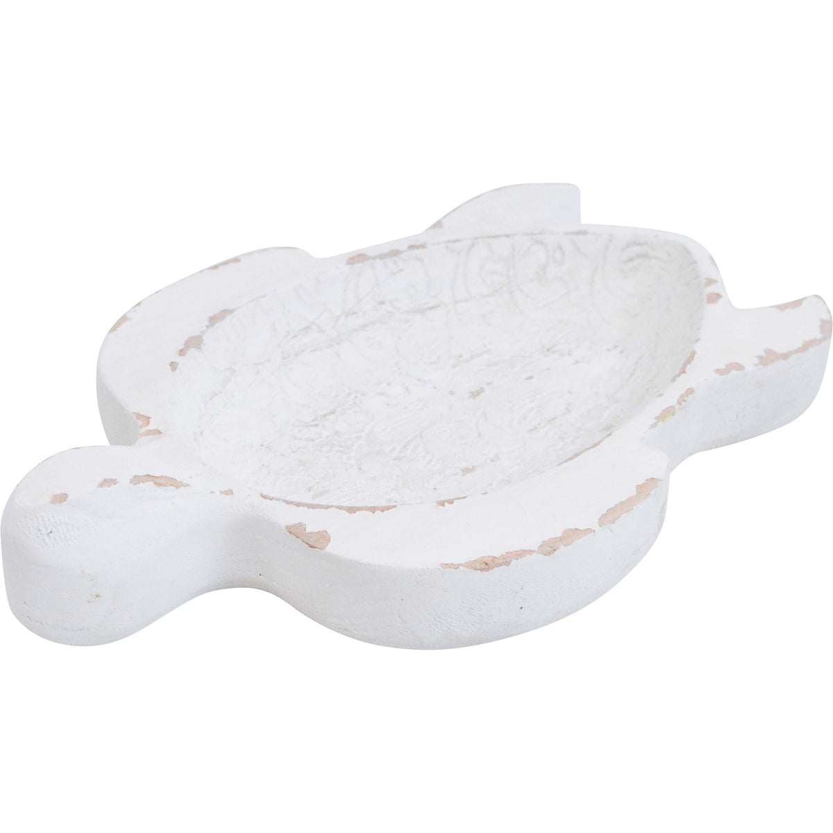 White turtle-shaped wooden decorative bowl with a distressed finish and carved detailing, shown at an angle.