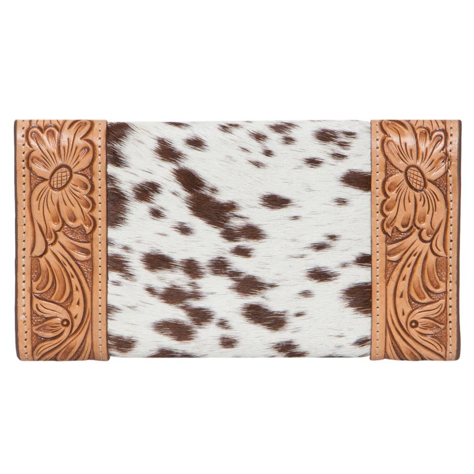 Tooled Leather & Cowhide Trifold Wallet
