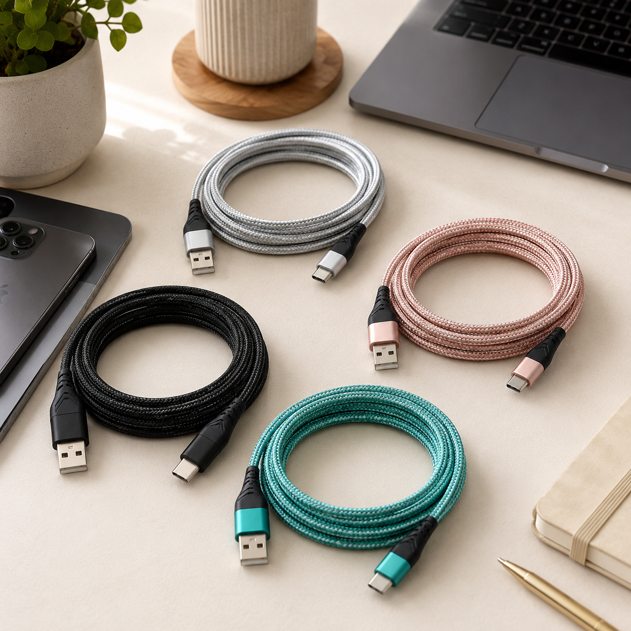 Four USB cables in black, blue, pink, and gray on a light surface with a laptop and plant in the background.