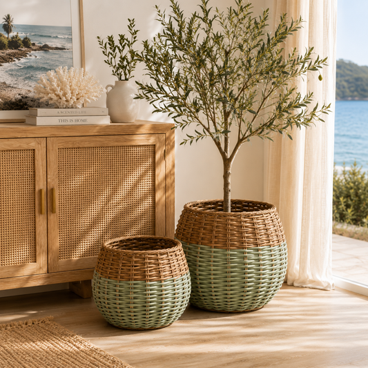 Coastal Grove Indoor Rattan Planter Set