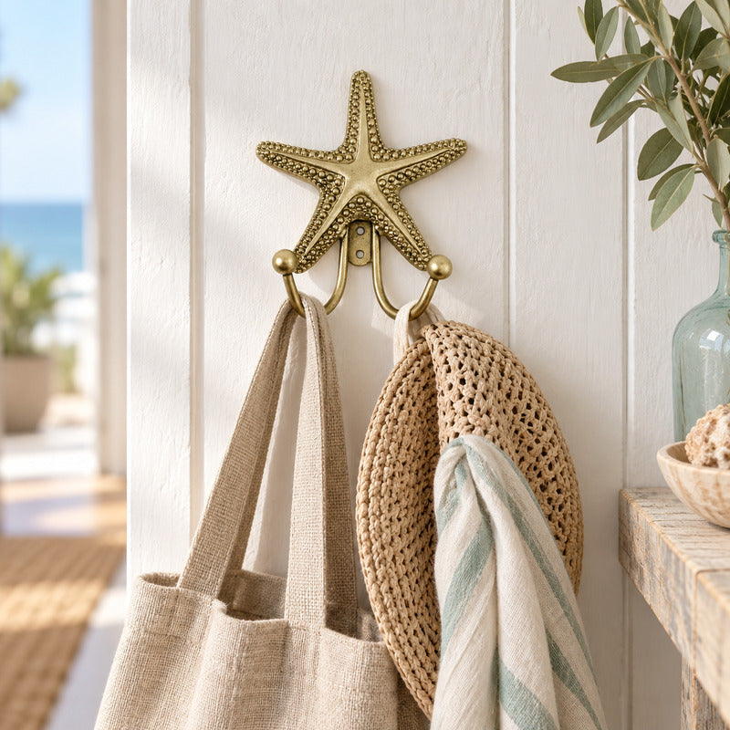 Antique-gold textured starfish wall hook with two curved hooks. in a beach side setting