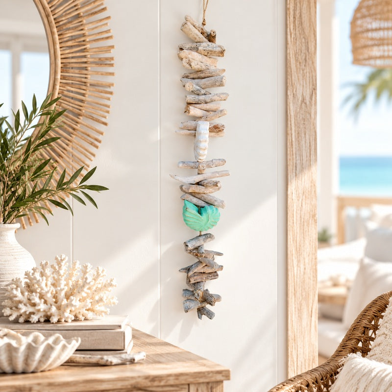 Coastal driftwood and blue-green shell garland hanging on a white wall in a beach-inspired home, styled with natural timber, rattan furniture and seaside décor.