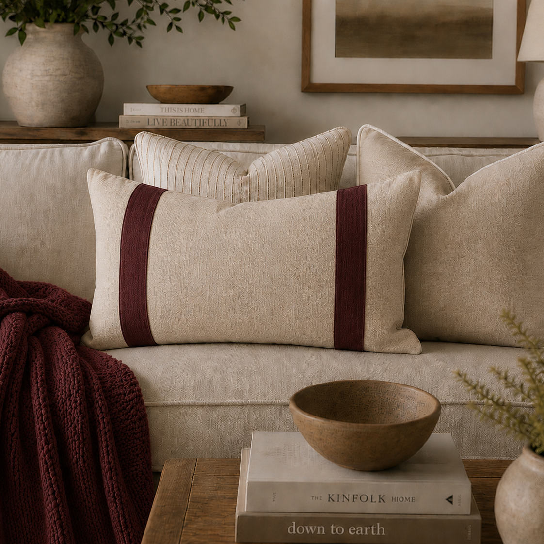 Natural linen lumbar cushion cover with deep burgundy panels styled among neutral cushions on a cream sofa.
