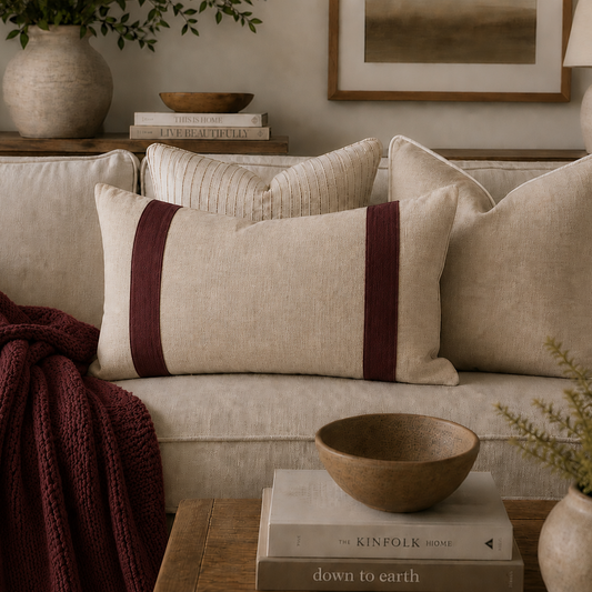 Natural linen lumbar cushion cover with deep burgundy panels styled among neutral cushions on a cream sofa.
