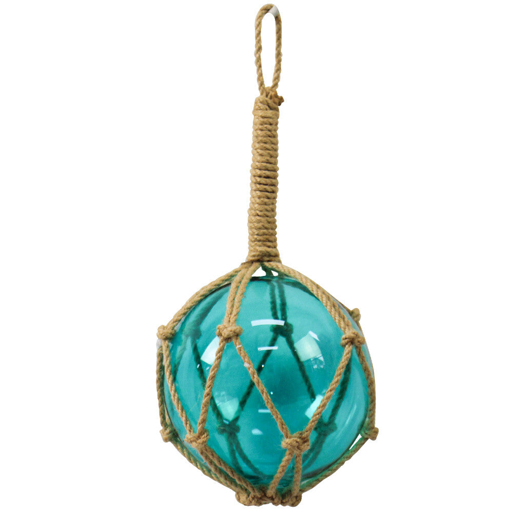 A decorative nautical ornament featuring a translucent teal glass sphere wrapped in a natural jute rope net with a hanging loop at the top, shown against a plain white background.