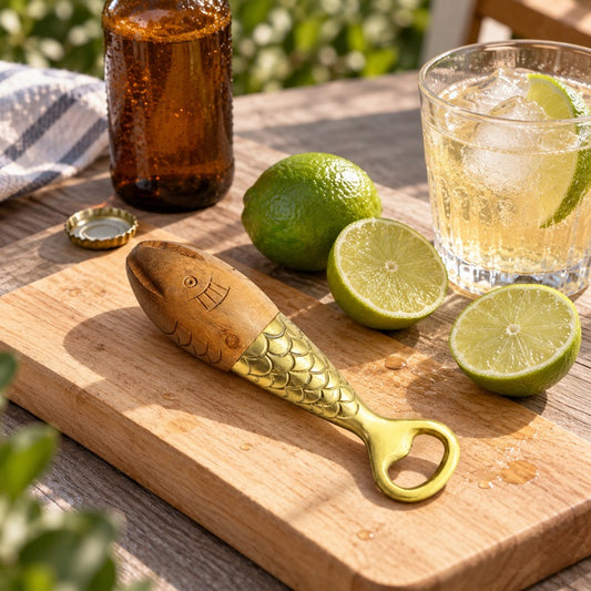 Fish-shaped citrus juicer and bottle opener on a wooden board beside fresh limes, an amber bottle and an iced lime drink.