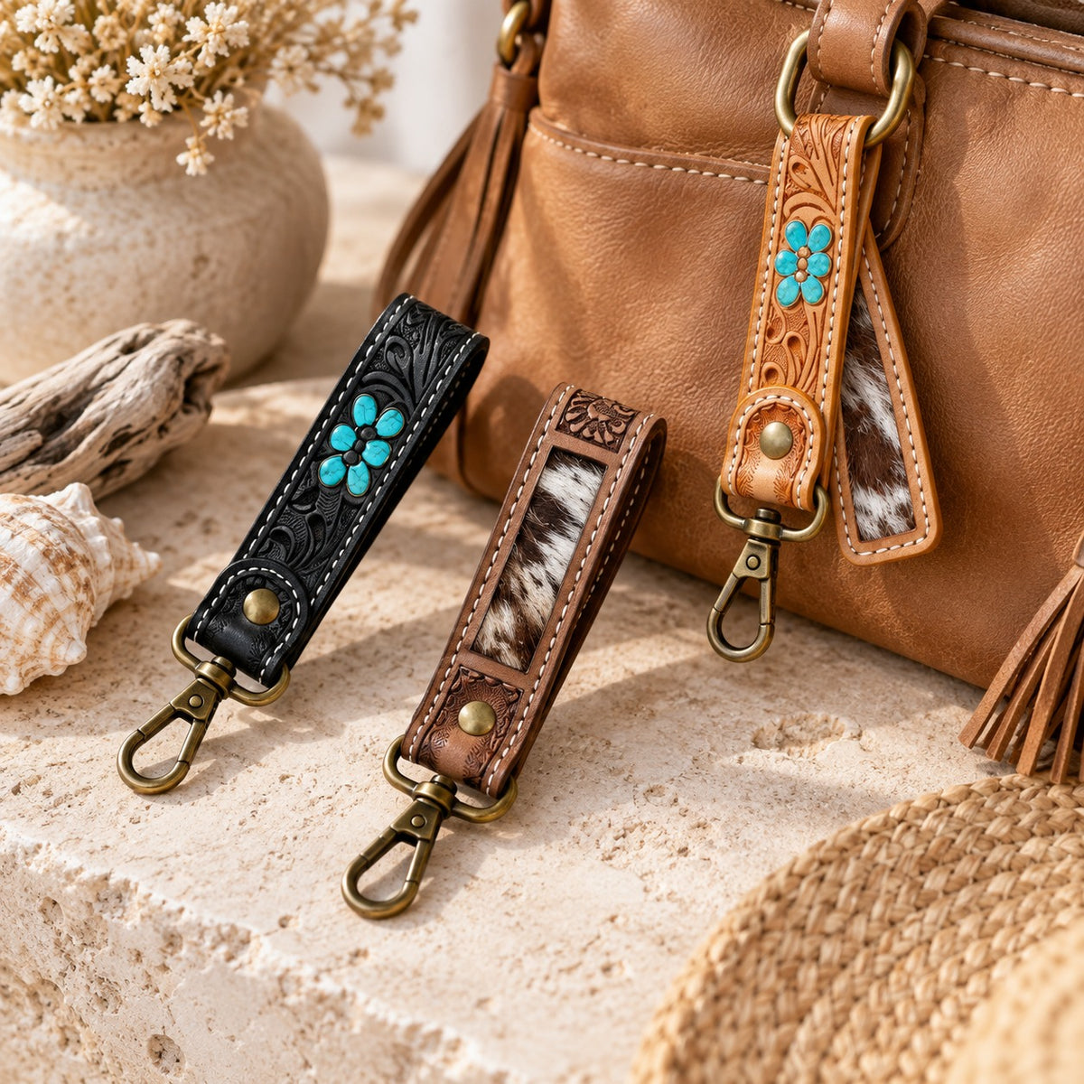 Hand-Tooled Leather & Cowhide Keyring