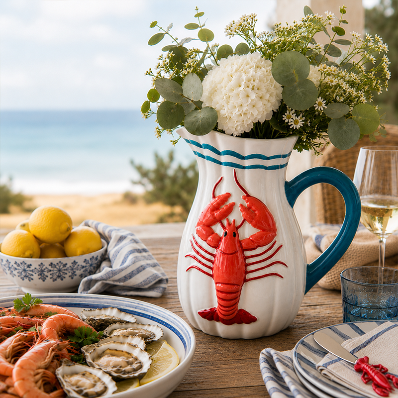 Table setting with a lobster-themed pitcher, lemons, oysters, and shrimp.