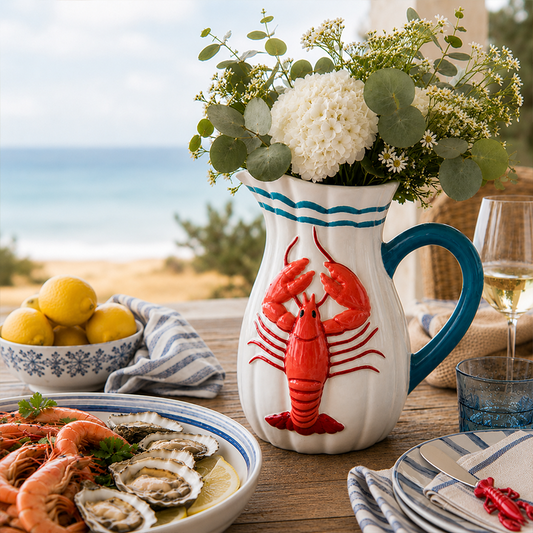 Table setting with a lobster-themed pitcher, lemons, oysters, and shrimp.