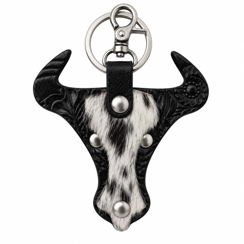 Cowhide Longhorn Tooled Leather Keyring