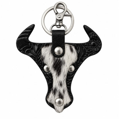 Cowhide Longhorn Tooled Leather Keyring