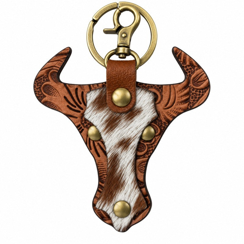 Cowhide Longhorn Tooled Leather Keyring