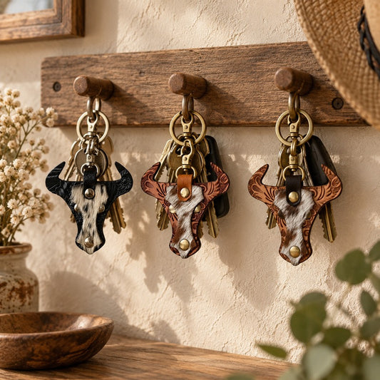 Cowhide Longhorn Tooled Leather Keyring