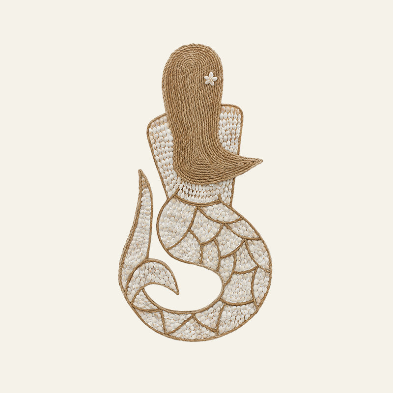 Natural rope mermaid wall hanging with white shell inlay detail and curled tail design.