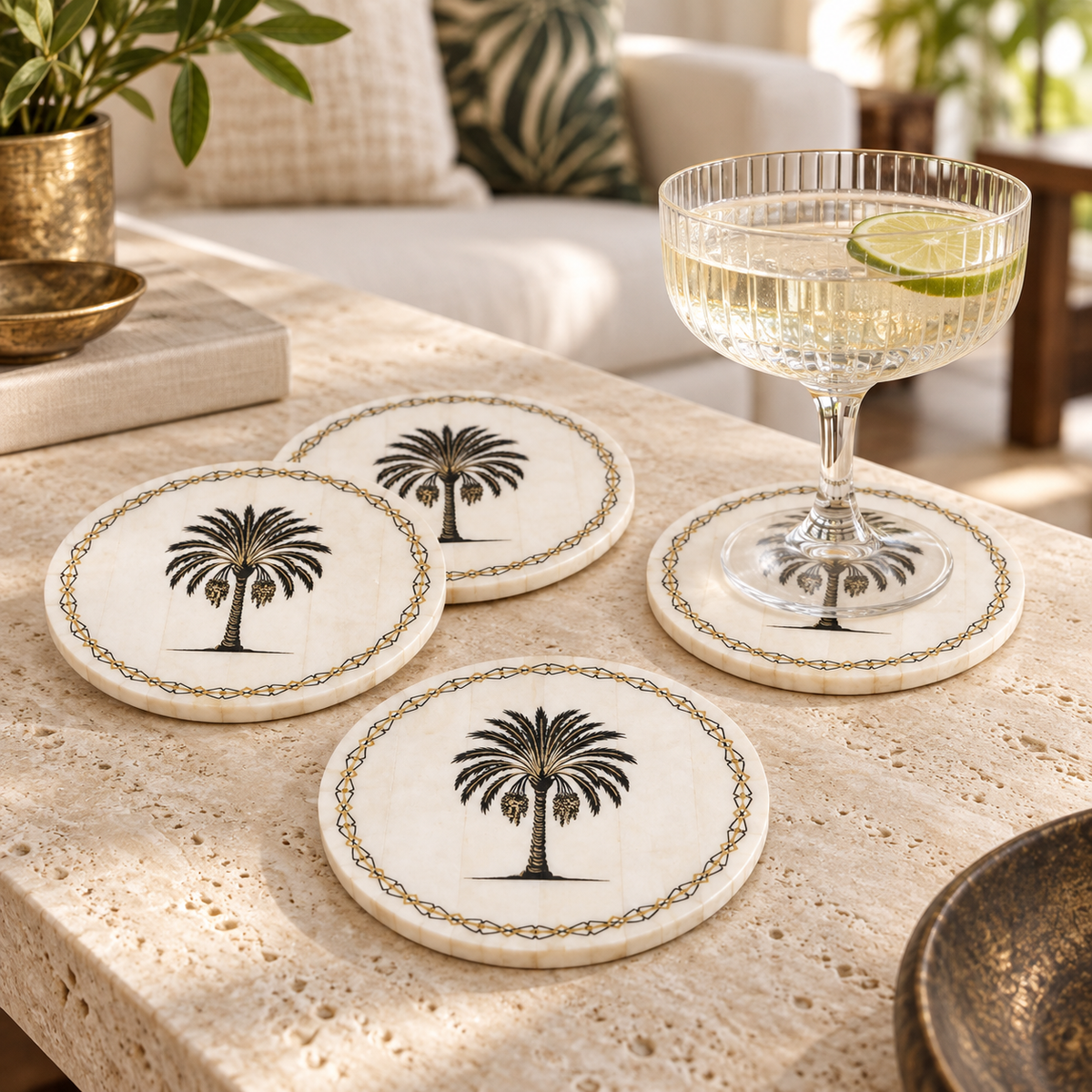 Palm Tree Bone Coaster Set of 4 – Gold Foil