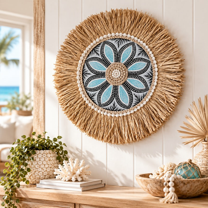 Raffia Juju Mandala Wall Hanging with Seashells