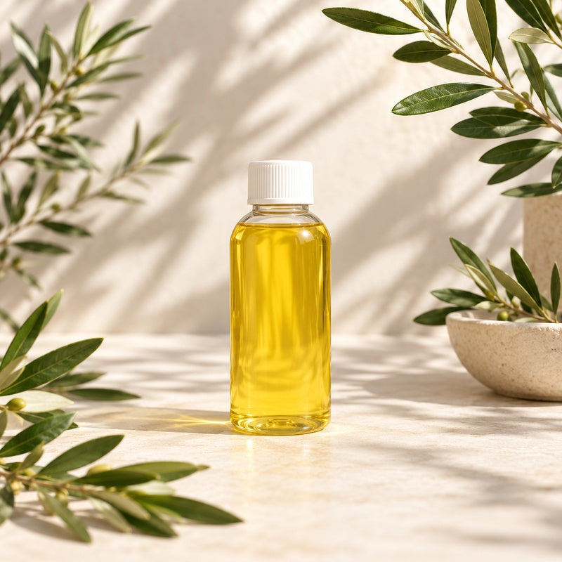 125ml: Unlabelled 125ml reed diffuser refill bottle with a white cap, surrounded by olive foliage on a sunlit stone surface.