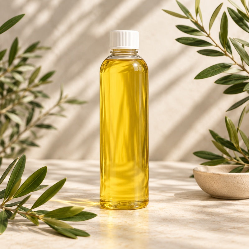 Unlabelled 250ml reed diffuser refill bottle with a white cap, surrounded by olive foliage on a sunlit stone surface.