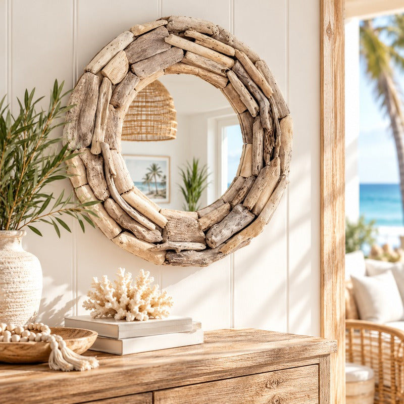Round driftwood wall mirror with a rustic natural timber frame, displayed above a wooden console table in a coastal-style home with greenery, coral décor and neutral accessories.