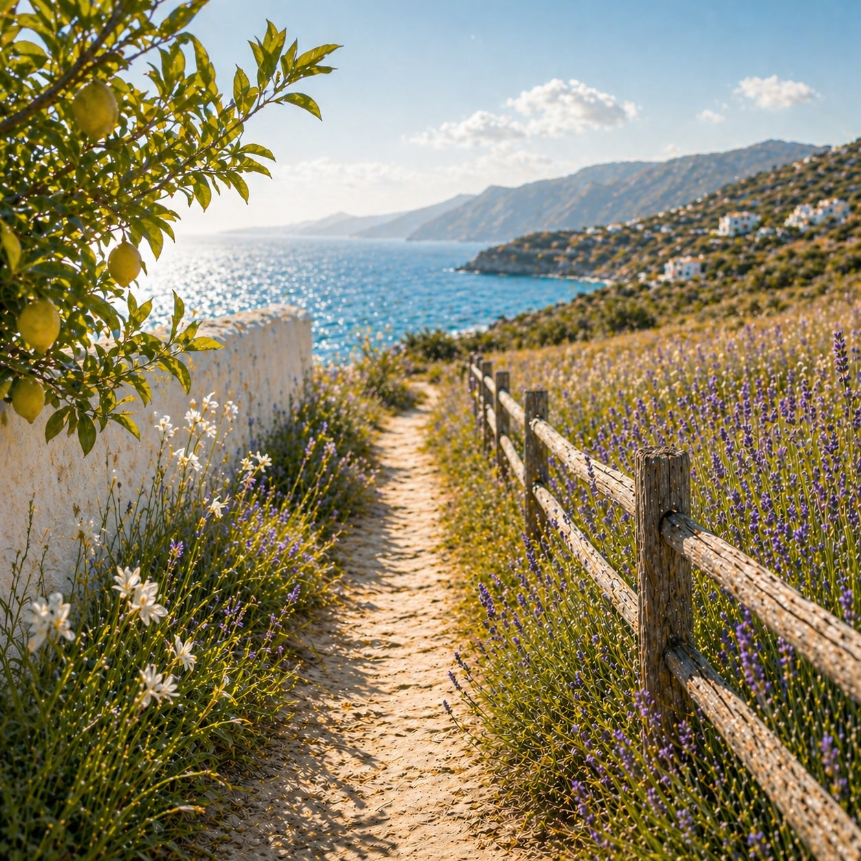 Pathway leading to a scenic coastal view with a lemon tree on the left.