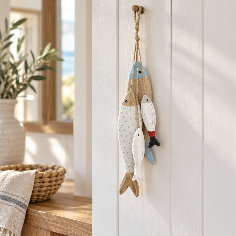 Wooden fish wall hanging on white timber panelling beside a coastal console with a woven basket and neutral linen.