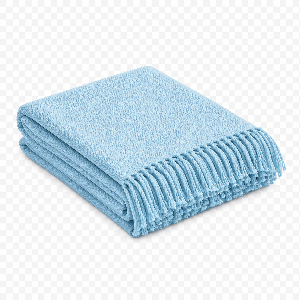 Folded light blue blanket with fringed edge 