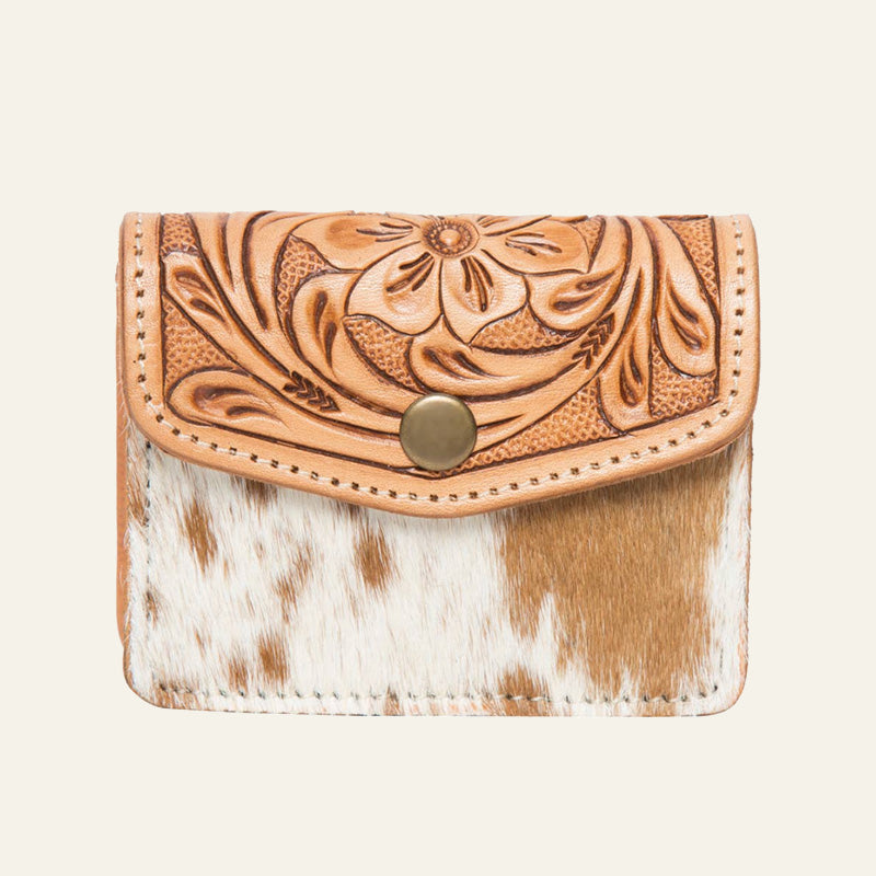 Hand-Tooled Leather & Cowhide Card Purse – Tan & White