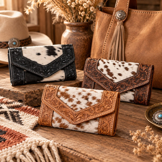 Tooled Leather & Cowhide Trifold Wallet