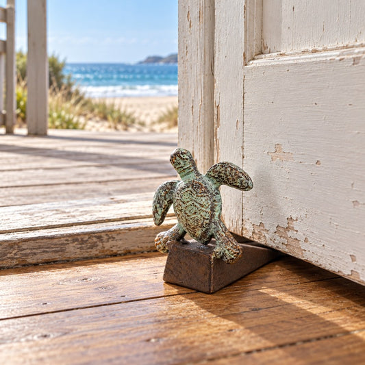 Turtle metal doorstop holding open a weathered white door in a timber beach shack, with the sandy beach and ocean beyond.