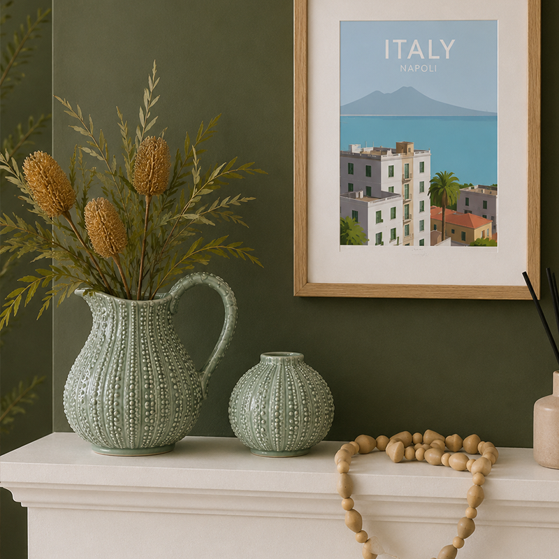 Decorative mantelpiece with vases, a pitcher, and a framed picture of Italy.