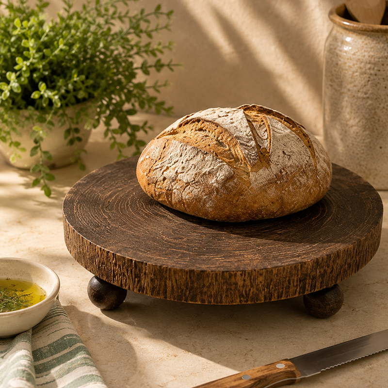 Loaf of bread on a wooden stand with a plant and ceramic jar in the background